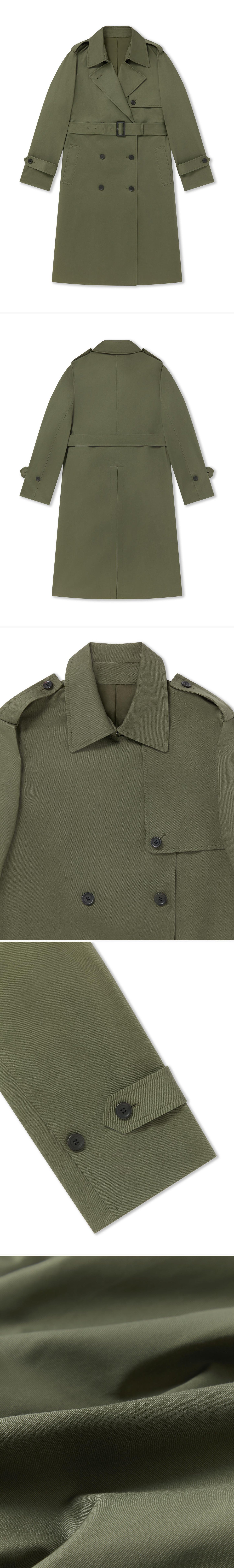 OLIVE_TRENCH_COAT - Flat Lay - 5 x Shots - Front + Back + Detail A + Detail B + Detail C